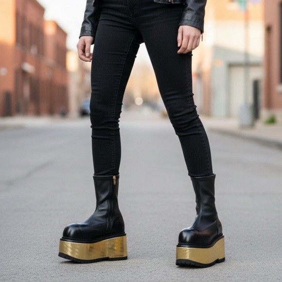 Balmain Shoes - Balmain Black Leather & Gold Mettalic Platform Ankle Boots Women’s NEW